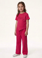 M&S Girls Bright Pink Ribbed T-Shirt and Wide-Leg Trousers Set