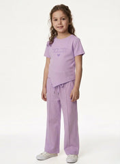 M&S Girls Purple Ribbed T-Shirt and Wide-Leg Trousers Set