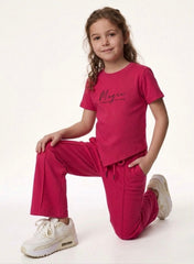 M&S Girls Bright Pink Ribbed T-Shirt and Wide-Leg Trousers Set