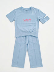 M&S Girls Playful Blue Two-Piece Slit Sleeve Top & Wide-Leg Trousers Set