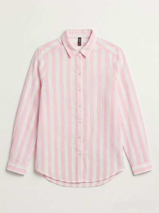 Women's Pink and White Striped Button-Down Shirt