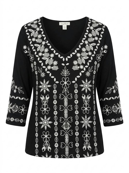 Women’s Black Floral Print V-Neck Top – 3/4 Sleeve Bohemian Patterned Blouse