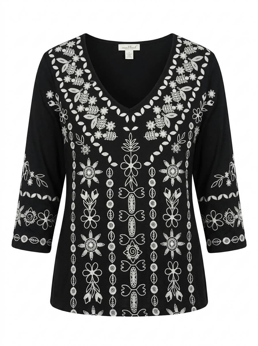 Women’s Black Floral Print V-Neck Top – 3/4 Sleeve Bohemian Patterned Blouse