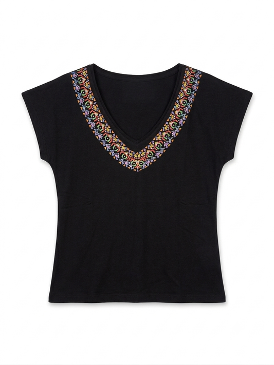 Women’s Printed V-Neck Short Sleeve T-Shirt – Black Boho Casual Top
