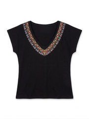 Women’s Printed V-Neck Short Sleeve T-Shirt – Black Boho Casual Top
