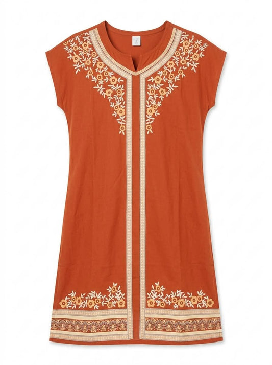 Women’s Rust Floral Embroidered Tunic Dress – Short Sleeve Boho V-Neck Shift Dress