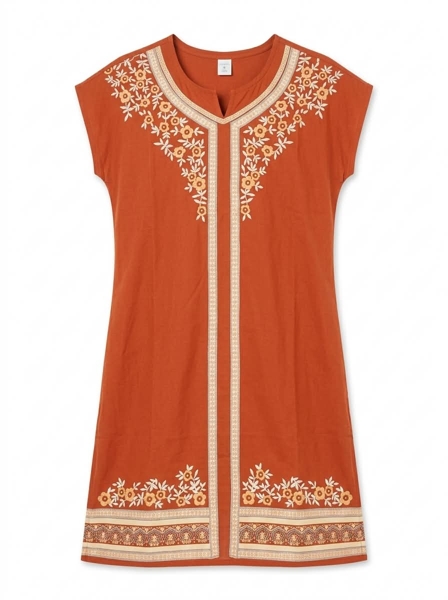 Women’s Rust Floral Embroidered Tunic Dress – Short Sleeve Boho V-Neck Shift Dress