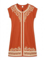Women’s Rust Floral Embroidered Tunic Dress – Short Sleeve Boho V-Neck Shift Dress
