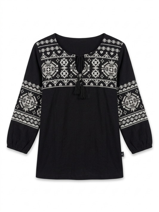 Women's Boho Printed Tunic Top – Black & White Tribal Motif Peasant Blouse with Tassels