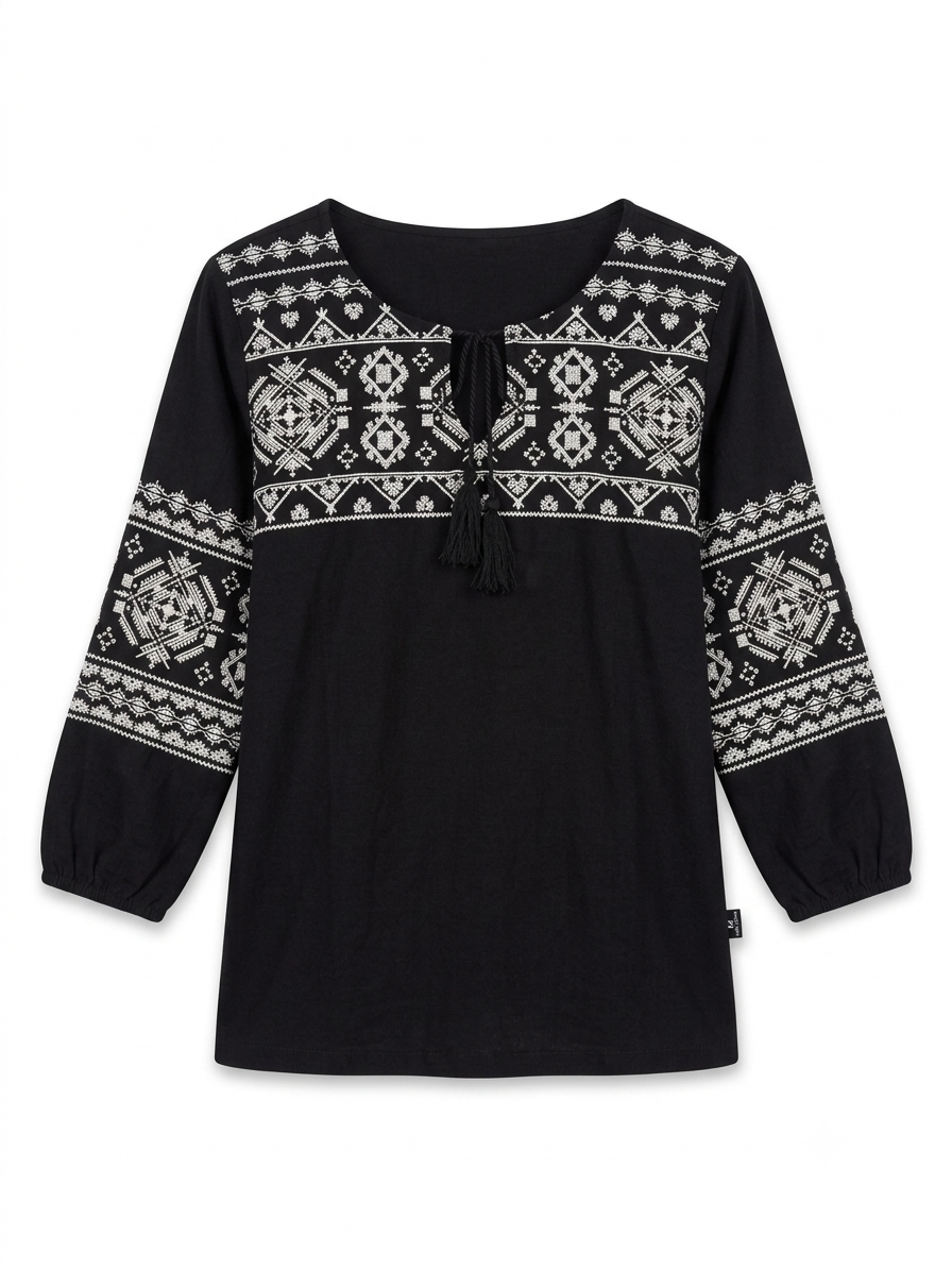 Women's Boho Printed Tunic Top – Black & White Tribal Motif Peasant Blouse with Tassels