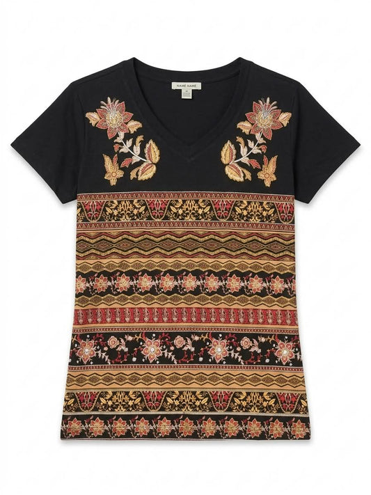 Women's Boho Floral Printed V-Neck Tee – Ethnic Pattern Short Sleeve Top