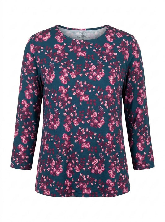 Women's Floral Print Long Sleeve Top – Casual Crew Neck Tee