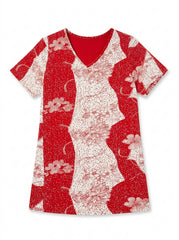 Women's Red Floral Print V-Neck Short Sleeve Tee