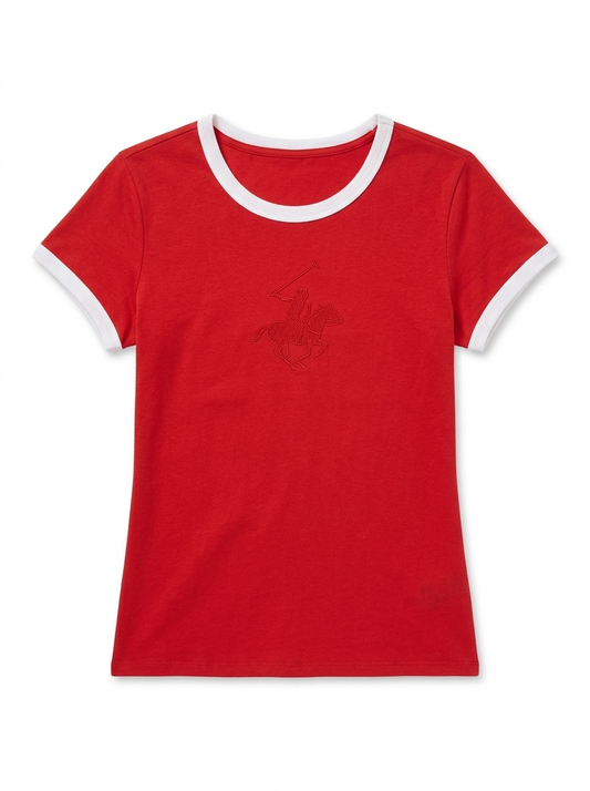 Women’s Red Ringer Tee with Contrast Trim and Embroidered Equestrian Graphic