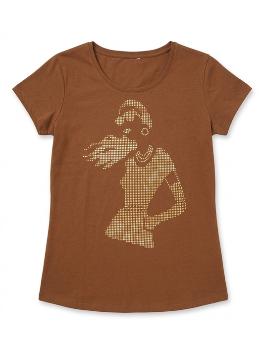 Women's Brown Short-Sleeve Sequin Graphic T-Shirt