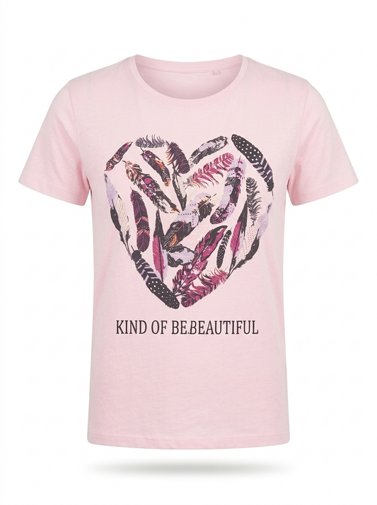 Women's Feather Heart Graphic Tee – Pink Casual Short-Sleeve Top