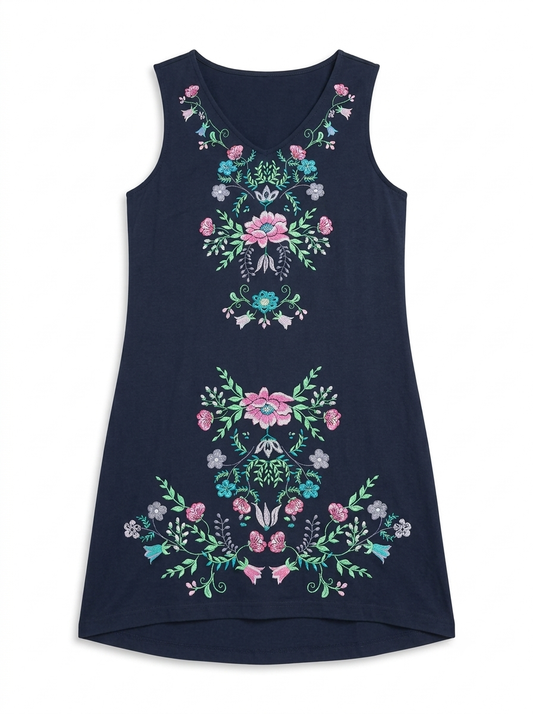 Embroidered Floral V-Neck Sleeveless Dress – Navy Blue Casual Summer Dress