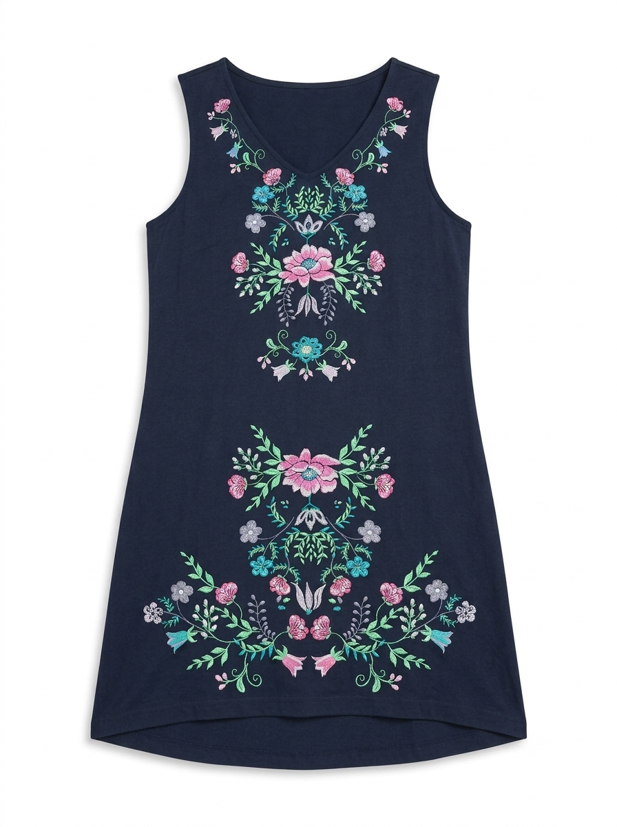 Embroidered Floral V-Neck Sleeveless Dress – Navy Blue Casual Summer Dress