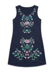 Embroidered Floral V-Neck Sleeveless Dress – Navy Blue Casual Summer Dress