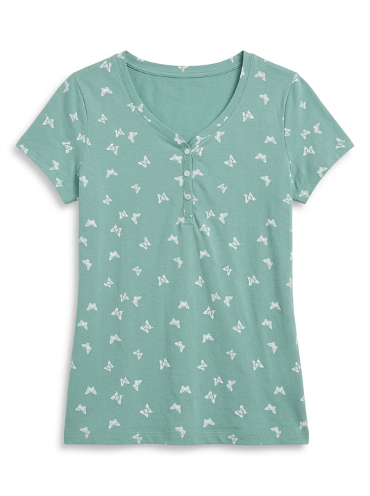 Women’s Sage Green Butterfly Print Henley T-Shirt – Short Sleeve V-Neck Cotton Top