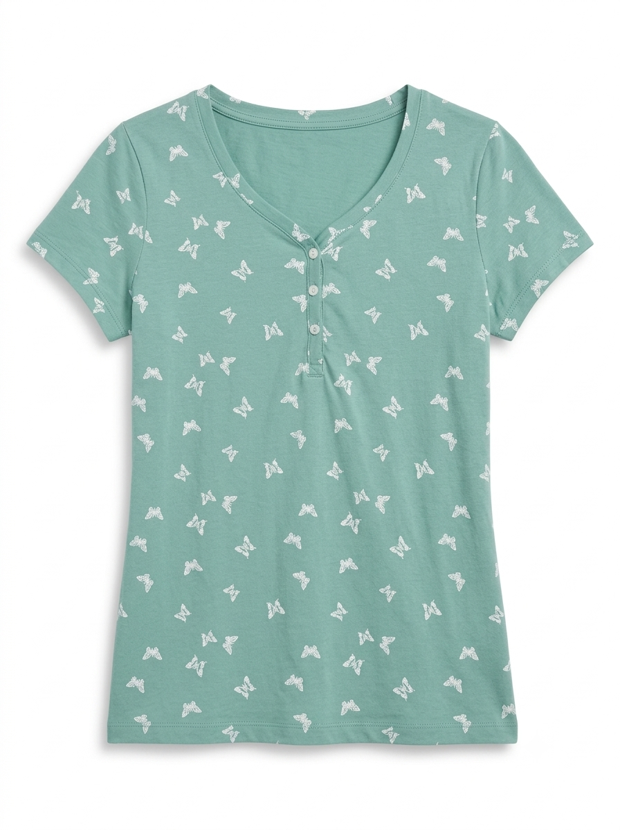 Women’s Sage Green Butterfly Print Henley T-Shirt – Short Sleeve V-Neck Cotton Top