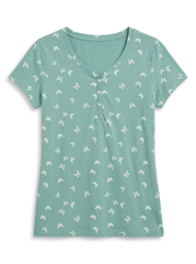 Women’s Sage Green Butterfly Print Henley T-Shirt – Short Sleeve V-Neck Cotton Top