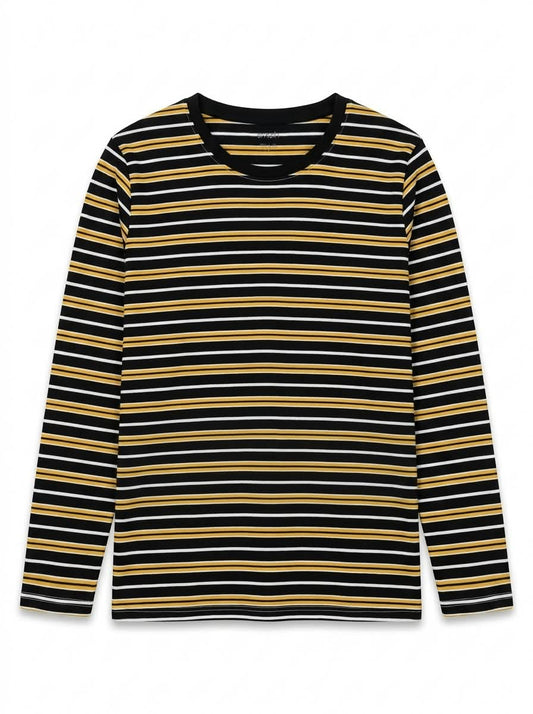 Women's Black, Mustard, and White Striped Long-Sleeve T-Shirt