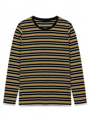 Women's Black, Mustard, and White Striped Long-Sleeve T-Shirt