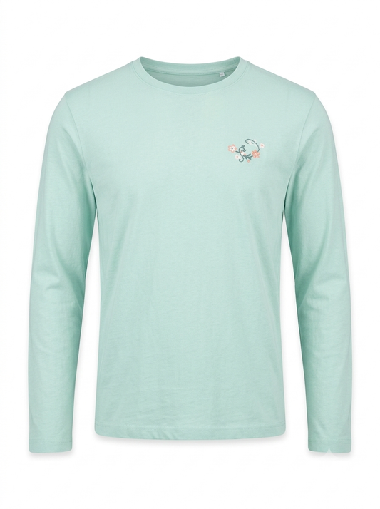 Women’s Pastel Mint Long-Sleeve Floral Embroidered T-Shirt