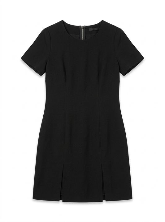 Classic Black Short-Sleeve Mini Dress with Front Pleats
