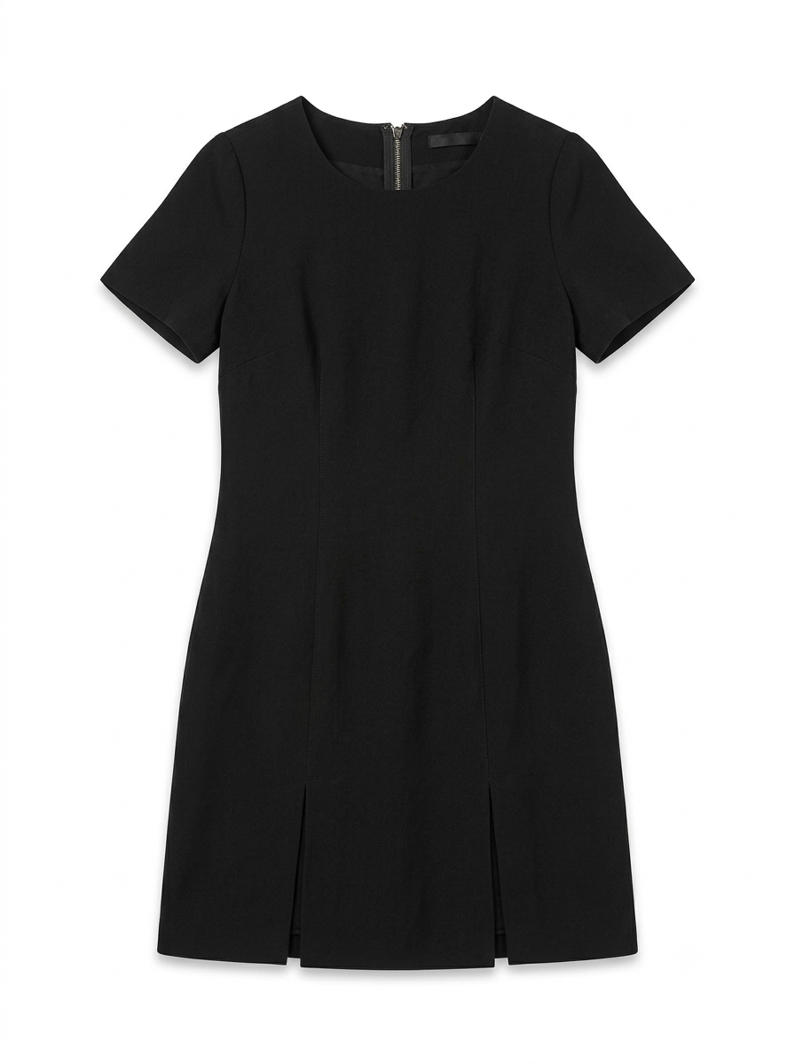 Classic Black Short-Sleeve Mini Dress with Front Pleats