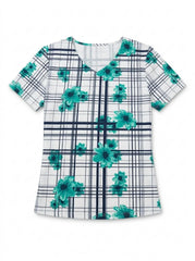 Women’s Floral & Plaid Print V-Neck Short Sleeve Casual T-Shirt