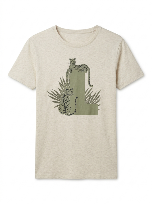 Casual Heathered Beige Leopard Print T-Shirt for Women