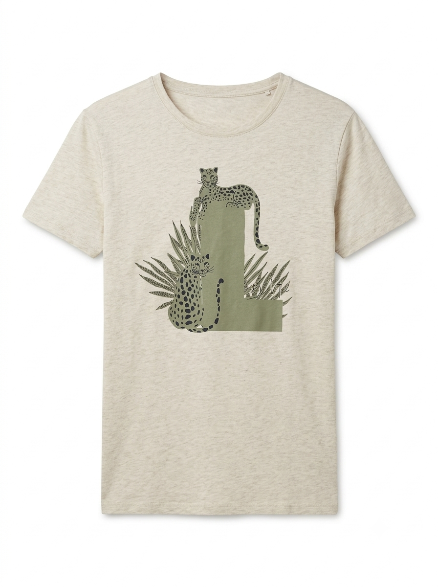 Casual Heathered Beige Leopard Print T-Shirt for Women