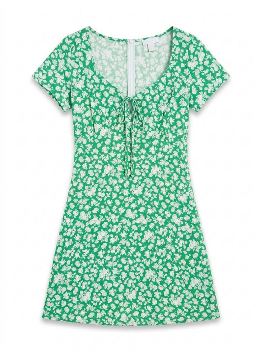Green Floral Print Tie-Front Mini Dress
