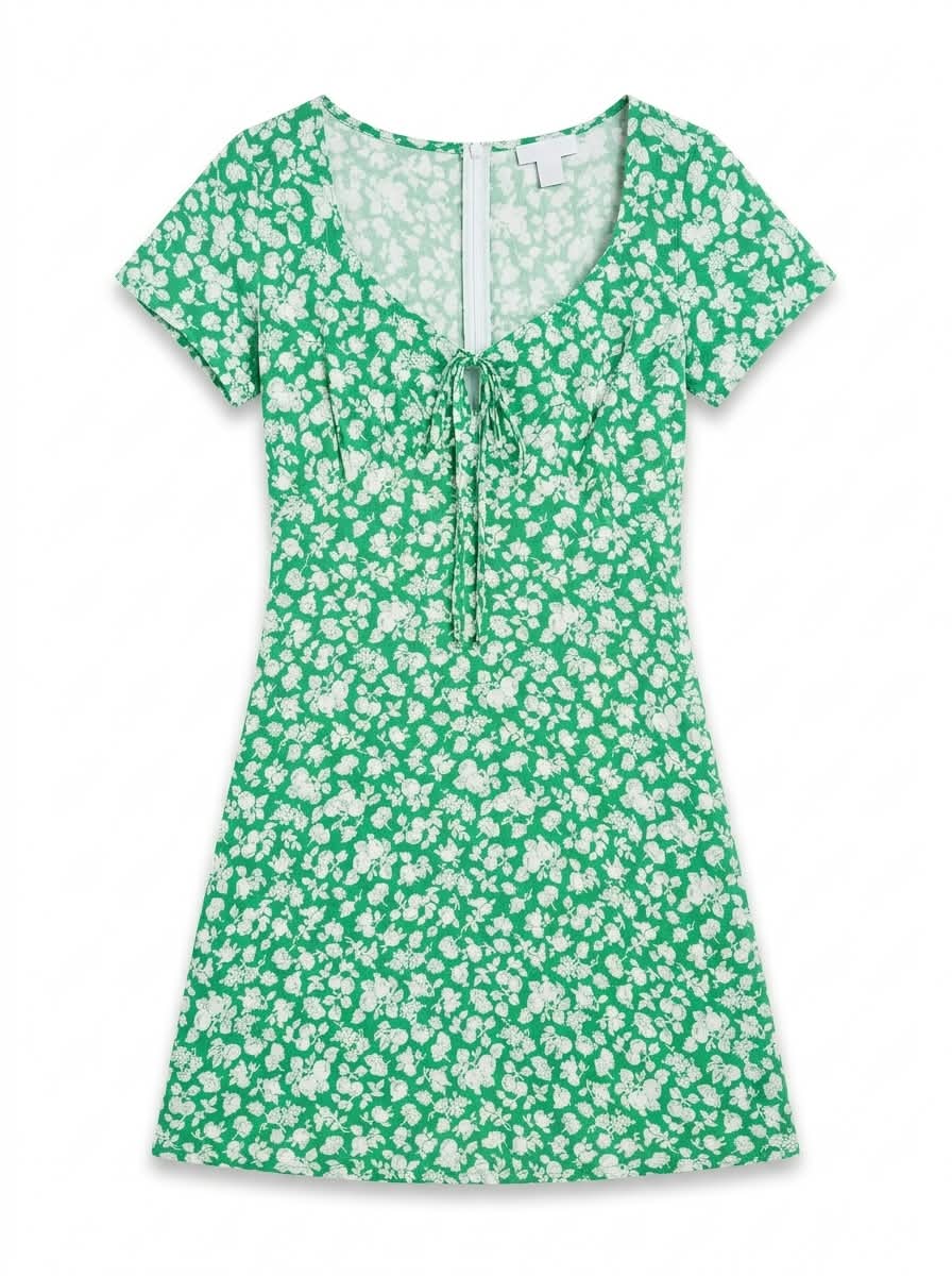 Green Floral Print Tie-Front Mini Dress