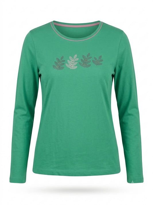 Women's Green Long-Sleeve T-Shirt | Casual Leaf Print Crew Neck Top