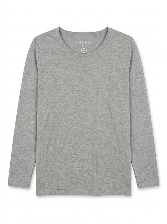 Women’s Long-Sleeve Heather Grey Round Neck Top with Rhinestone Detailing