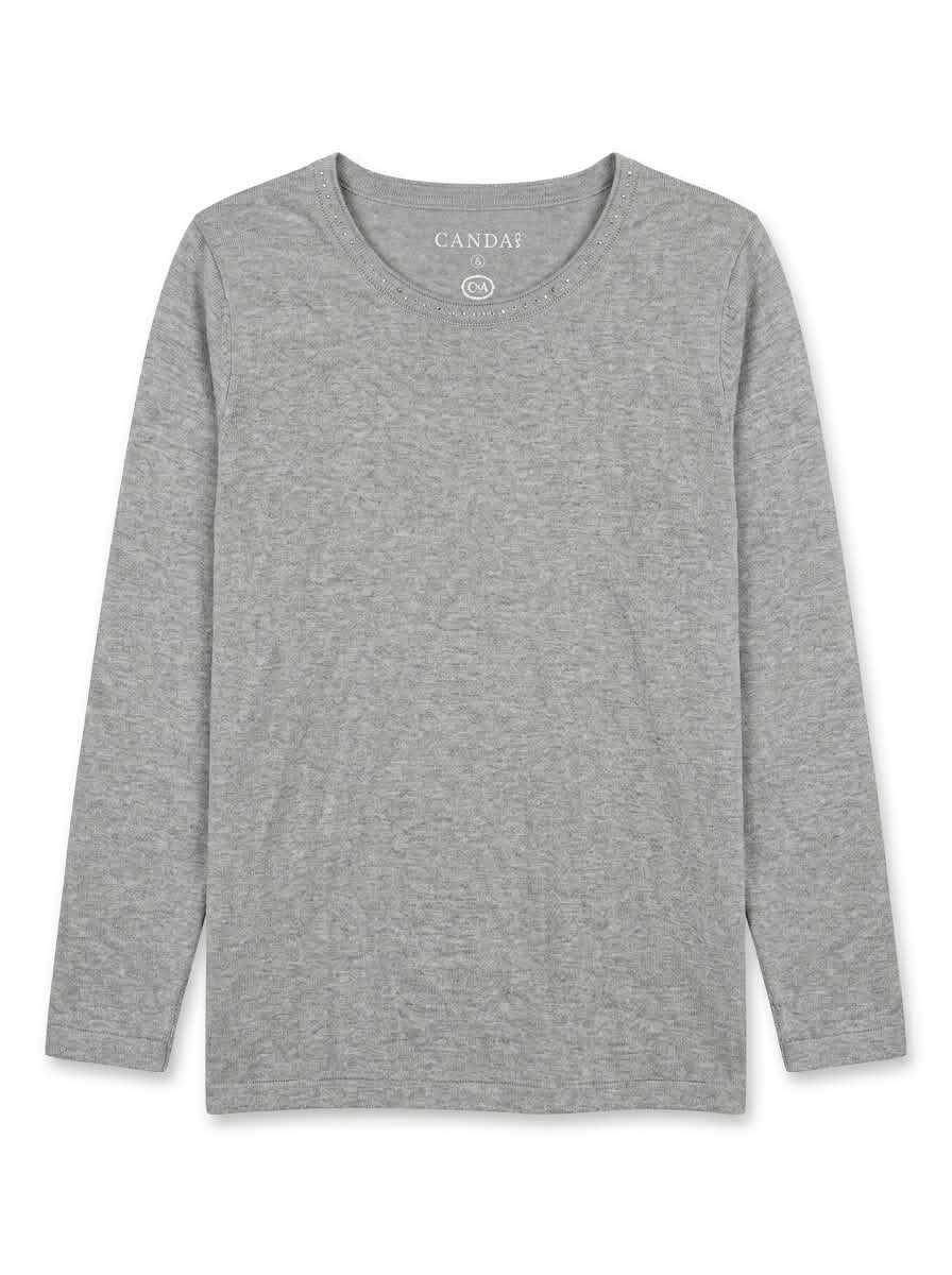 Women’s Long-Sleeve Heather Grey Round Neck Top with Rhinestone Detailing