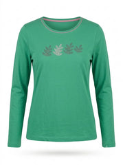 Women's Green Long-Sleeve T-Shirt | Casual Leaf Print Crew Neck Top