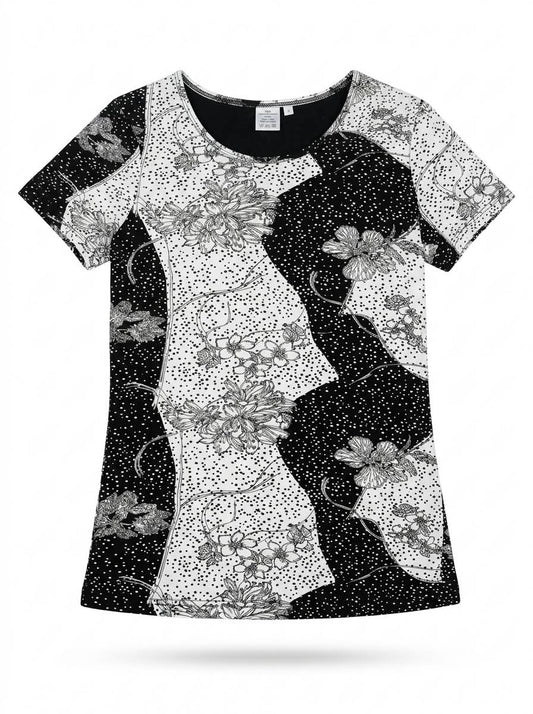 Women’s Black and White Floral Print Short-Sleeve Top