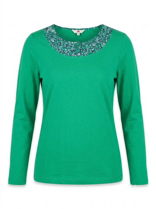 Women’s Green Long-Sleeve Casual Top with Contrast Print Neckline
