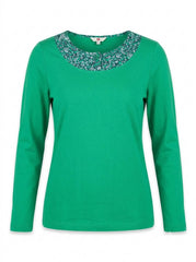 Women’s Green Long-Sleeve Casual Top with Contrast Print Neckline