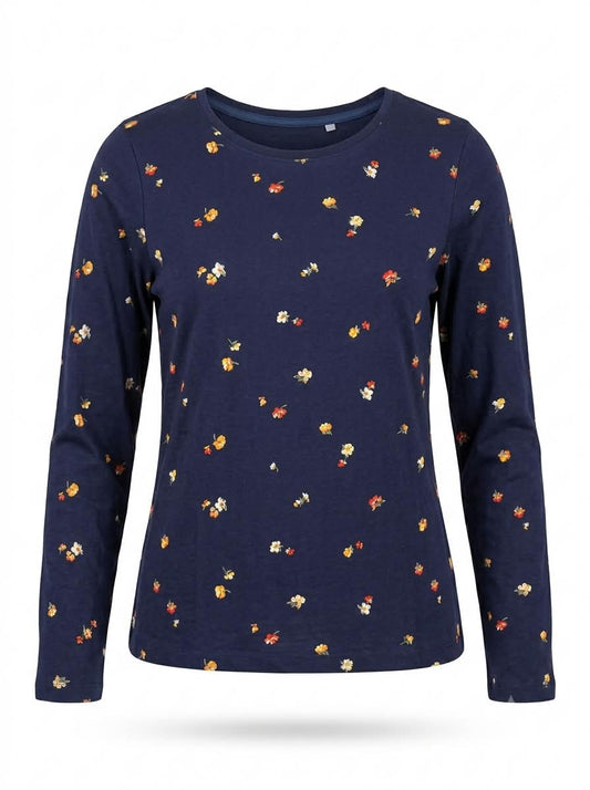 Women's Navy Blue Floral Print Long-Sleeve T-Shirt