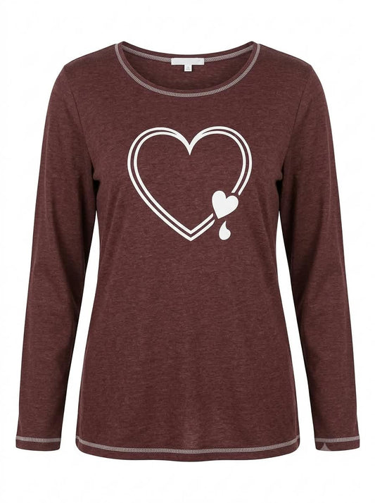Women’s Maroon Long-Sleeve Graphic Tee with Double Heart Print – Casual Everyday