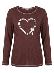 Women’s Maroon Long-Sleeve Graphic Tee with Double Heart Print – Casual Everyday