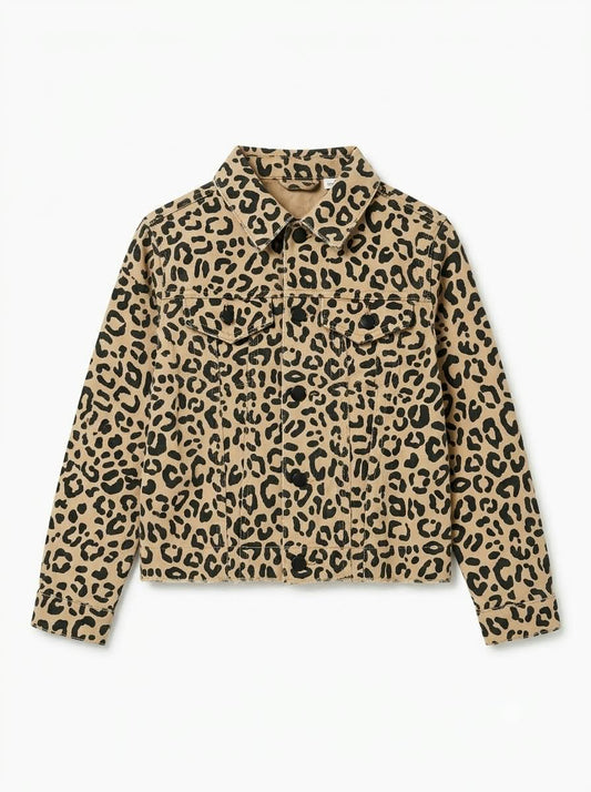 GIRLS- Leopard Print Denim Jacket – Tan Animal Print Trucker Jacket