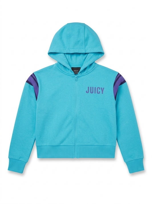 Girls' Turquoise Zip-Up Fleece Hoodie with Purple Shoulder Stripes
