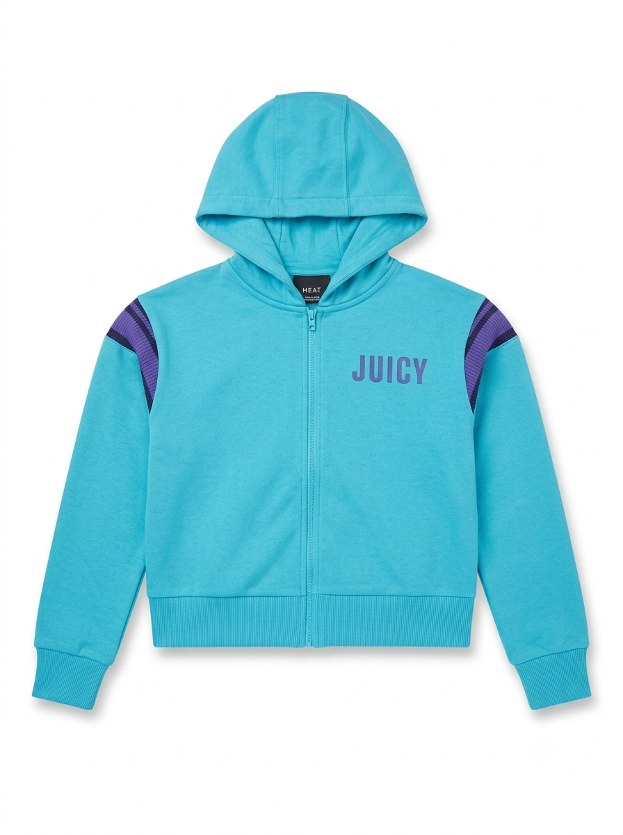 Girls' Turquoise Zip-Up Fleece Hoodie with Purple Shoulder Stripes
