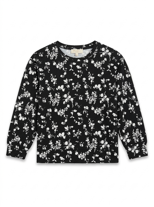 Girls' Black Floral Print Long-Sleeve Sweatshirt – Soft Crewneck Pullover